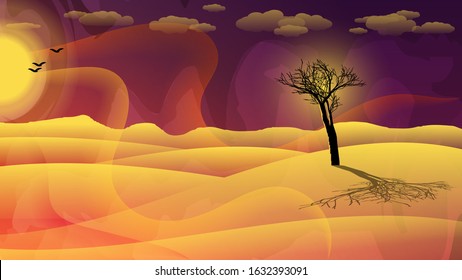 lonely dry tree in the desert against a dark sky with the sun, clouds and silhouettes of flying birds. natural landscape. author's drawing. vector
