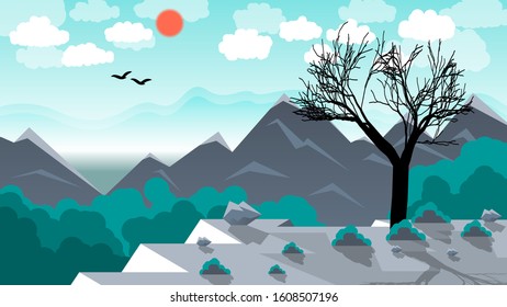 a lonely dry tree on a cliff among bushes and stones against the background of a forest, mountains, hills and sky with the sun, clouds and silhouettes of flying birds. natural flat landscape. vector