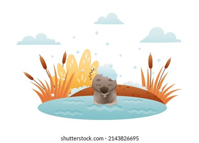 Lonely duckling swimming in the pond in winter. Ugly duckling fairy tale cartoon vector illustration