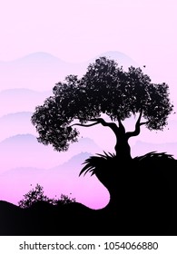 Lonely ebony grows on a hill in the violet sky. Vector illustration