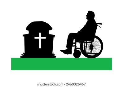 Lonely elderly man sitting on wheelchair in front of grave in cemetery black silhouette.	