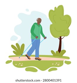 Lonely elderly man slowly trudges with nordic walking poles in forest. Senior loneliness, rehabilitation, slow mobility.
