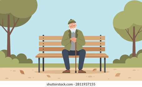 Lonely elderly man with a walking stick sitting on a wooden park bench on a quiet autumn day with falling brown leaves.