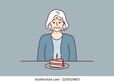 Lonely elderly woman sits at table with piece cake with candle and suffers from absence of relatives and friends. Unhappy grandmother celebrates birthday alone in need of support. Flat vector image