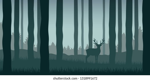 lonely elk in green forest wildlife nature landscape vector illustration EPS10