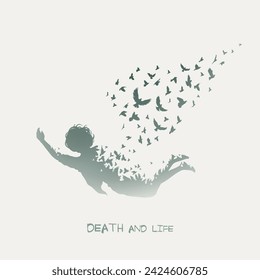 Lonely falling man. Death, afterlife. Flying bird. Isolated silhouette