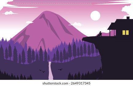 
A lonely figure sits by a house on a cliff, overlooking a purple mountain, forest, and waterfall under a moonlit sky