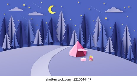 Lonely fire camping in night forest. Solo camping in pine forest. Night forest landscape. paper cut and craft style. vector, illustration.