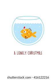 a lonely fish swim in the water pot in christmas with santa claus hat. Fish vector illustration. Fish graphic design.