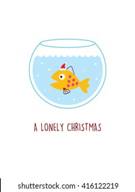 a lonely fish swim in the water pot in christmas with santa claus hat. Fish vector illustration. Fish graphic design.