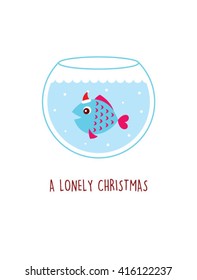 a lonely fish swim in the water pot in christmas with santa claus hat. Fish vector illustration. Fish graphic design.