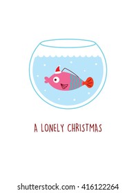 a lonely fish swim in the water pot in christmas with santa claus hat. Fish vector illustration. Fish graphic design.