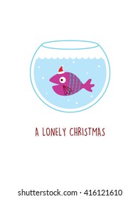 a lonely fish in a water pot vector illustration. a lonely christmas. cute fish cartoon with santa claus hat in a water pot.