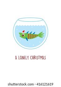 a lonely fish in a water pot vector illustration. a lonely christmas. cute fish cartoon with santa claus hat in a water pot.