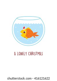 a lonely fish in a water pot vector illustration. a lonely christmas. cute fish cartoon with santa claus hat in a water pot.