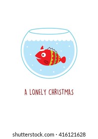 a lonely fish in a water pot vector illustration. a lonely christmas. cute fish cartoon with santa claus hat in a water pot.