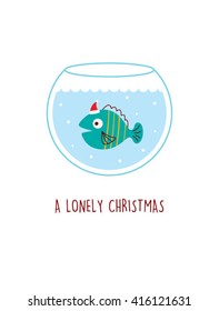 a lonely fish in a water pot vector illustration. a lonely christmas. cute fish cartoon with santa claus hat in a water pot.