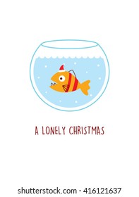a lonely fish in a water pot vector illustration. a lonely christmas. cute fish cartoon with santa claus hat in a water pot.