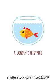 a lonely fish in a water pot vector illustration. a lonely christmas. cute fish cartoon with santa claus hat in a water pot.