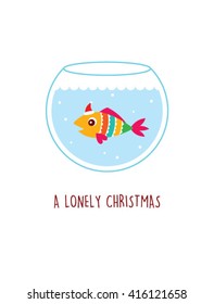 a lonely fish in a water pot vector illustration. a lonely christmas. cute fish cartoon with santa claus hat in a water pot.