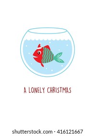 a lonely fish in a water pot vector illustration. a lonely christmas. cute fish cartoon with santa claus hat in a water pot.