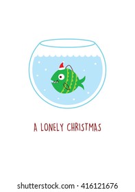 a lonely fish in a water pot vector illustration. a lonely christmas. cute fish cartoon with santa claus hat in a water pot.
