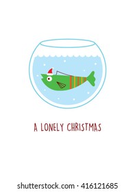 a lonely fish in a water pot vector illustration. a lonely christmas. cute fish cartoon with santa claus hat in a water pot.