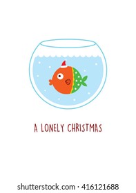 a lonely fish in a water pot vector illustration. a lonely christmas. cute fish cartoon with santa claus hat in a water pot.