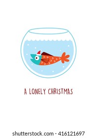 a lonely fish in a water pot vector illustration. a lonely christmas. cute fish cartoon with santa claus hat in a water pot.