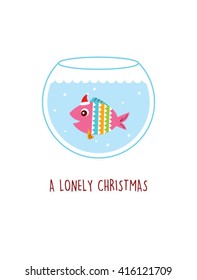 a lonely fish in a water pot vector illustration. a lonely christmas. cute fish cartoon with santa claus hat in a water pot.