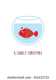 a lonely fish in a water pot vector illustration. a lonely christmas. cute fish cartoon with santa claus hat in a water pot.