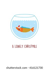 a lonely fish in a water pot vector illustration. a lonely christmas. cute fish cartoon with santa claus hat in a water pot.