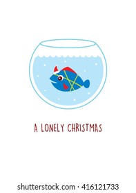 a lonely fish in a water pot vector illustration. a lonely christmas. cute fish cartoon with santa claus hat in a water pot.
