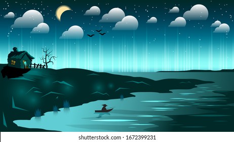 lonely fisherman in a boat on a lake near the shore on which stands a hut with a luminous window, with a fence and a tree under the morning sky with stars, moon, clouds, silhouettes of flying birds.