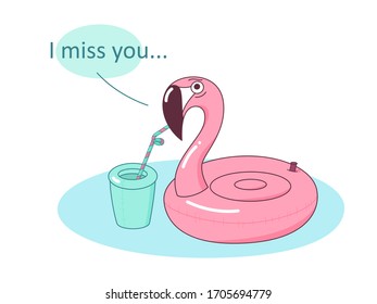 Lonely flamingo is left alone due to coronavirus or covid quarantine. Summer vacation, party put off or prohibition concept. Pink rubber flamingo drinking cocktail and waiting for party. Vector.
