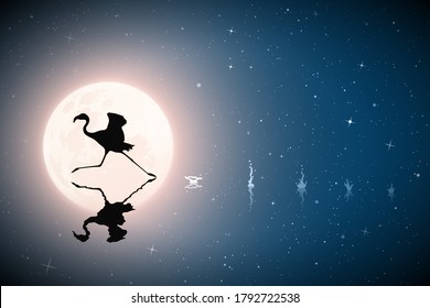 Lonely flamingo running on lake on moonlight night. Elegant bird silhouette and splashes on water. Full moon in starry sky. Vector illustration for use in polygraphy, textile, design, interior decor