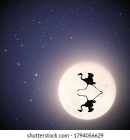 Lonely flamingo running on lake on moonlight night. Elegant bird silhouette reflected in water. Full moon in starry sky. Vector illustration for use in polygraphy, textile, design, interior decor