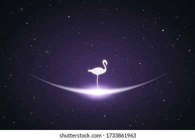 Lonely flamingo in space. Vector conceptual illustration with white silhouette of endangered bird and glowing outline. Surreal violet background for greeting cards, posters and other design
