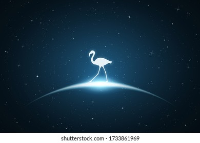 Lonely flamingo in space. Vector conceptual illustration with white silhouette of endangered bird and glowing outline. Surreal blue background for greeting cards, posters and other design