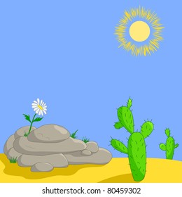 Lonely flower on stones in desert and cactuses, vector