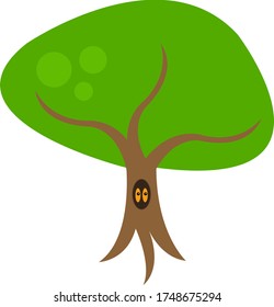 lonely forest tree from a dark hollow which peeps bright orange eyes of a mysterious beast object on a white background nature concept