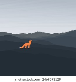 Lonely fox howling on the hill in minimalist countryside landscape with silhouette mountain ranges graphic illustrated have blank space.