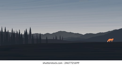 Einsamer Fuchs in minimalistischer Landschaft mit Silhouetten Bergketten und Kiefernwald Grafik illustriert haben Leerraum.