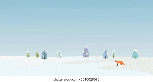 Lonely fox in minimalist snowscape graphic illustration childish style . Merry Christmas and Happy New Year greeting card template have blank space.