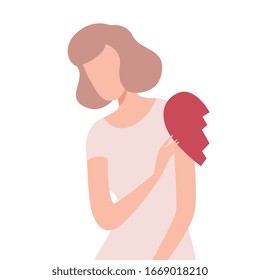 Lonely Frustrated Woman with Half of Broken Heart, Unrequited Love Flat Vector Illustration