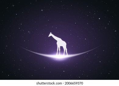 Lonely giraffe. Endangered animal silhouette. Starry sky, glowing outline