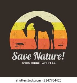 Lonely giraffe. Endangered animal silhouette. Retro vintage t-shirt