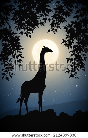 Lonely giraffe framed by branches. Animal silhouette. Full moon in sky