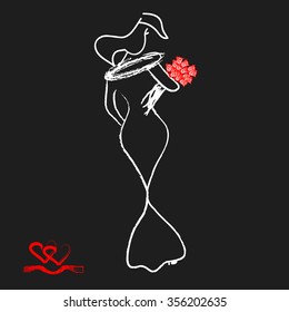Lonely girl with a bouquet of roses walk