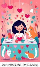 Lonely girl celebrating Valentine's day with cats, happy and free. Girl have dinner with her cats. Lonely, but not alone. Young woman sitting at the table, hearts around